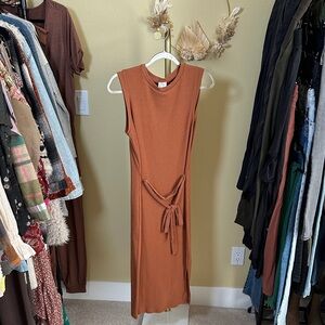128. Blue Rain Rust Sleeveless Tie-Waist Midi Dress